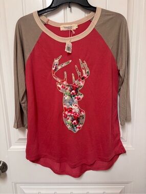 Wander Red Raglan Tee with Beige Sleeves and Floral Deer